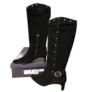 Splendid Black Tall Heeled Boots with Buckle Detail